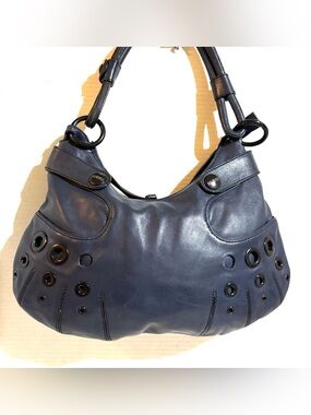 Karl Lagerfeld Navy Leather Shoulder Bag with Grommet Accents
